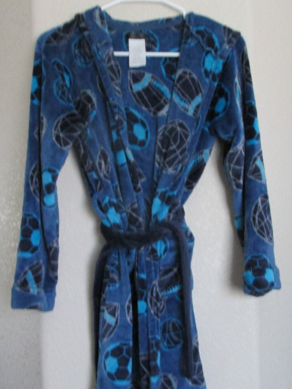 Fleece Hooded Bath Robe Boys Size Large 12/14 Blue Sports Plush Waist Tie Belt